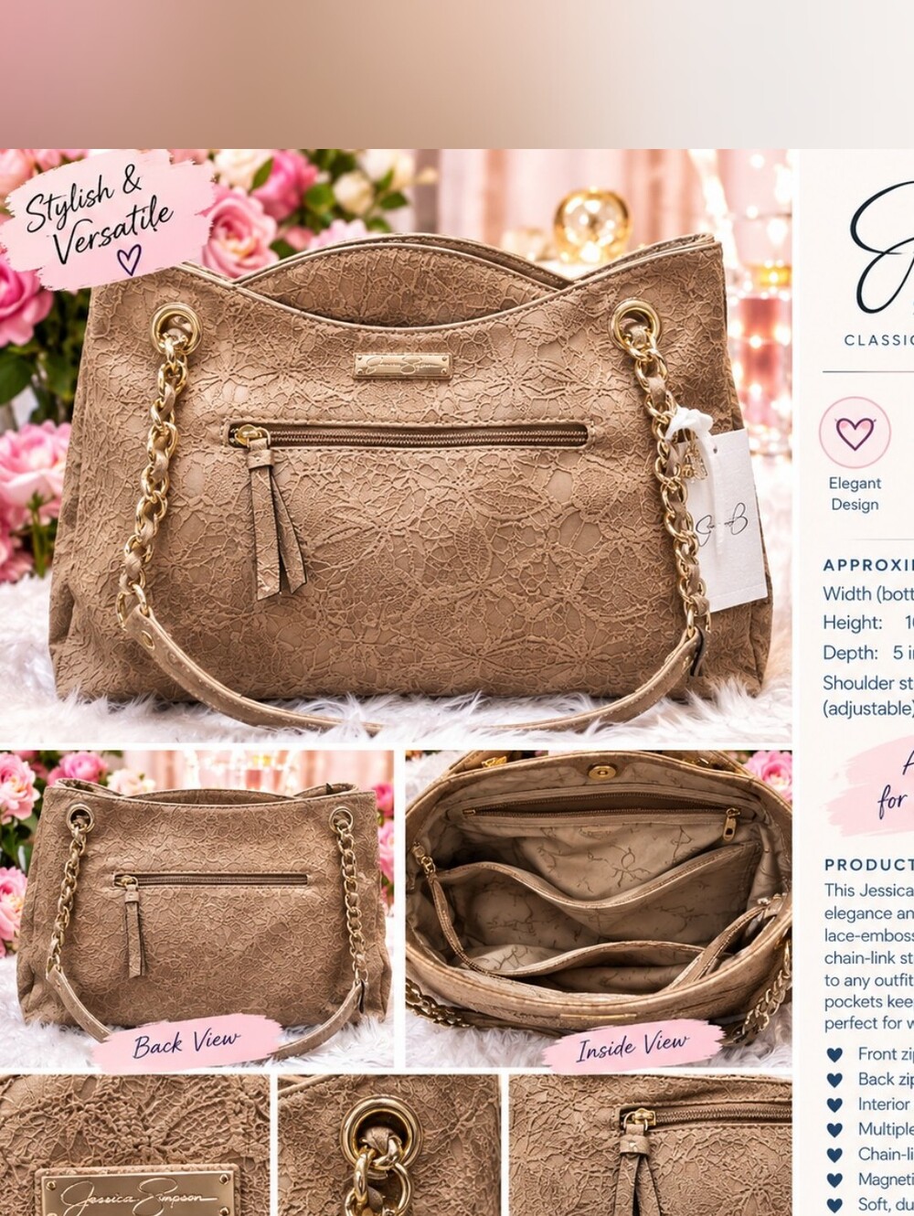 JESSICA SIMPSON Lace-Embossed SHOULDER BAG IN TAUPE - Women Bags